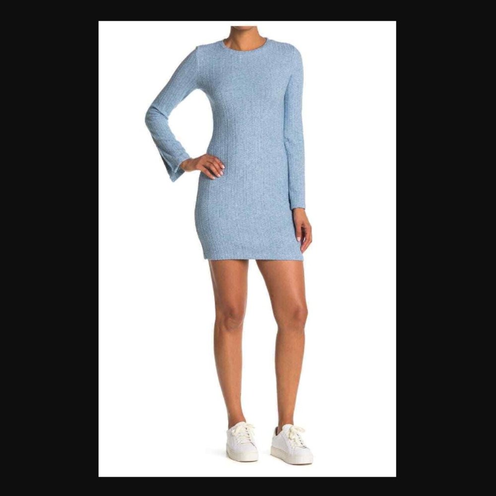NSR‎ Lucia Slit Ribbed Knit Dress Long Sleeve Mini Bodycon Blue Stretch Large